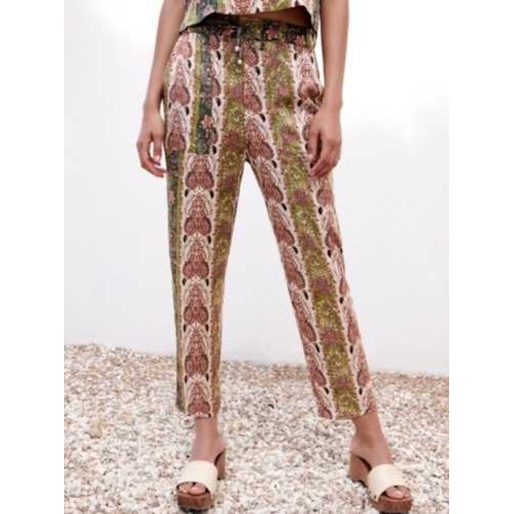 Zara Womens Paisley Floral Patchwork Pants Size XL Boho Earthy Eclectic Vacation